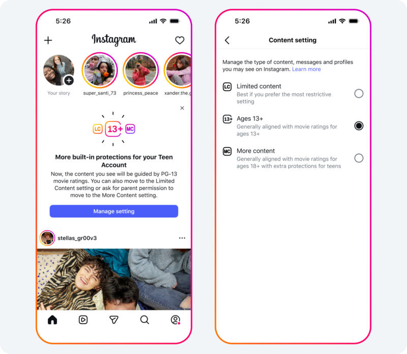 Two phone screens showing Instagram’s teen account protections: the left screen displays an Instagram feed with a prompt for age-based content settings, and the right screen shows content setting options for users aged 13+.