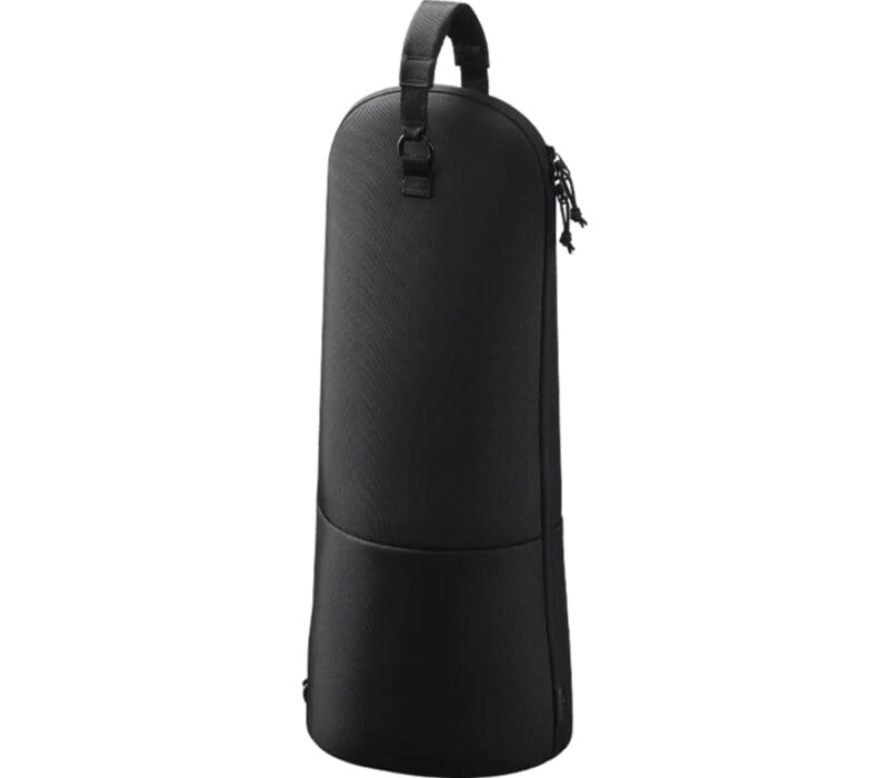 A tall, sleek black carrying case with a handle on top and a zippered closure, designed in an elongated shape against a white background.