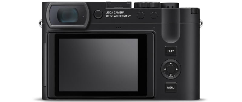Rear view of a black digital camera showing a large LCD screen, a viewfinder, several control buttons including Play and Menu, and the brand "Leica Camera Wetzlar Germany" above the screen.