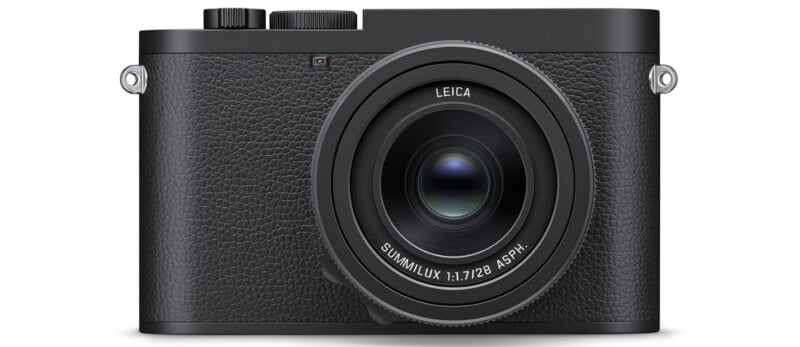 Front view of a black Leica digital camera with a textured grip and a prominent lens labeled “Leica Summilux 1:1.7/28 ASPH.” The camera has a minimal, sleek, and modern design.
