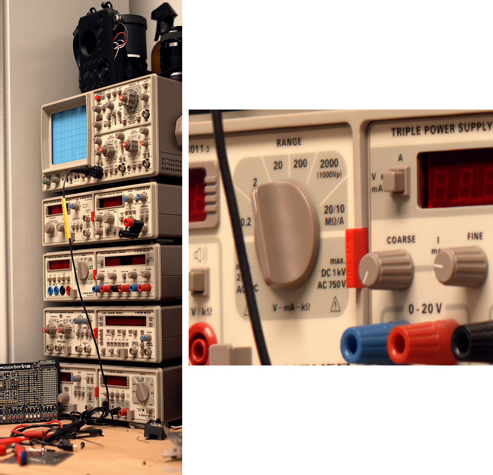 A stack of electronic test equipment, including oscilloscopes and power supplies, sits on a cluttered workbench. A close-up shows power supply dials, buttons, and colorful probe cables attached to the front panel.