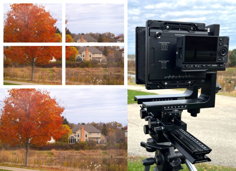 The image shows a multi-panel photo of a house and an autumn tree, alongside a large format camera on a tripod, indicating a technique for creating high-resolution stitched landscape photos.