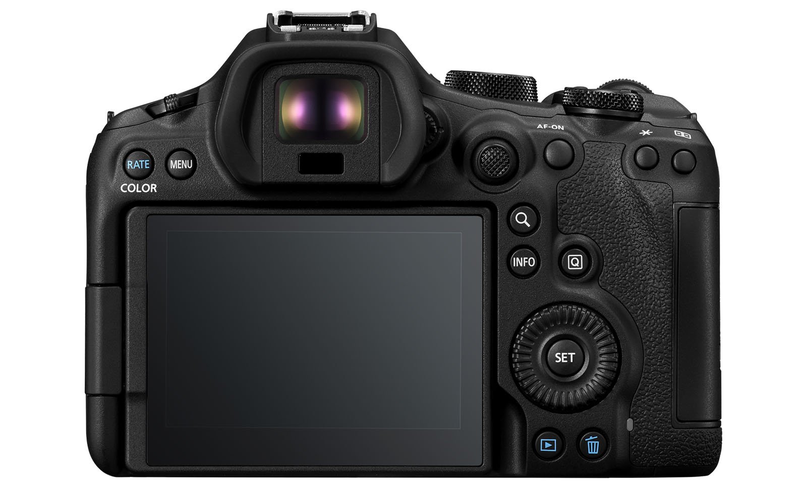 Vista trasera de una cámara digital negra, que muestra su pantalla LCD, varios botones de control, diales y visor electrónico en la parte superior central.