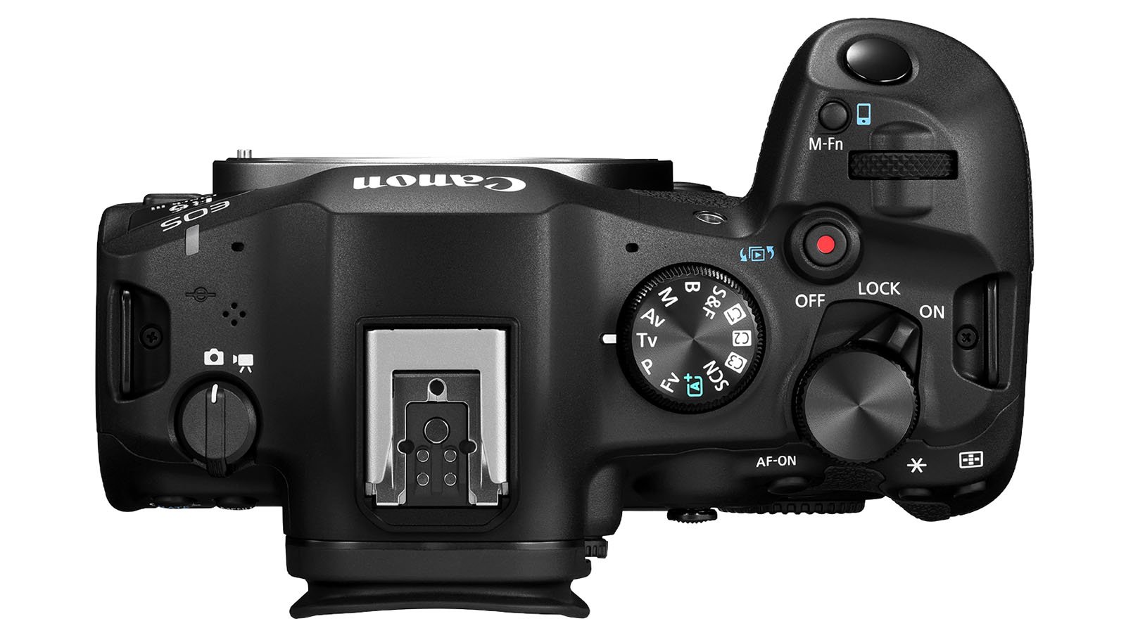 Vista superior del cuerpo de la cámara Canon EOS negra, que muestra el dial de control, los botones y la montura de la zapata (sin lente).