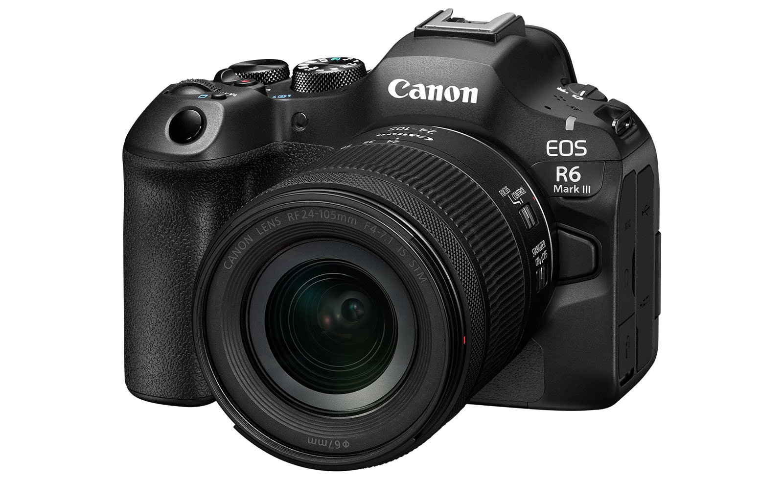 Cámara digital Canon EOS R6 Mark III negra equipada con lente Canon RF 24-105 mm, vista que muestra la lente, el mango y varios diales de control.