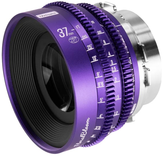 A close-up of a purple 37mm camera lens with detailed focus and aperture markings in white on the barrel, labeled "Zunow True Anamorphic 37mm T2.0 Prime Bloom.