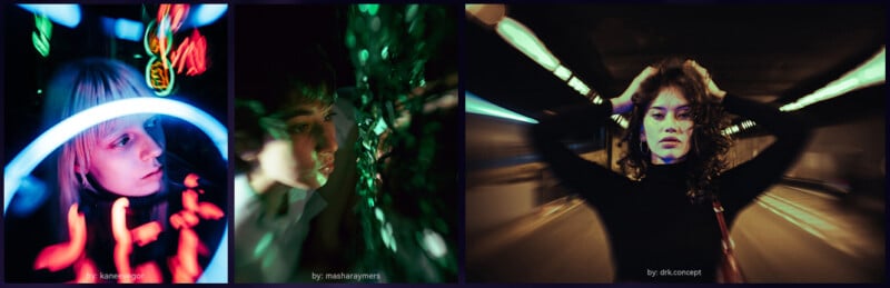 Three creative portraits: left, a person bathed in neon lights; center, a person surrounded by green lights with a dreamy blur; right, a person in a dark space with hands on head, lights streaking around them.