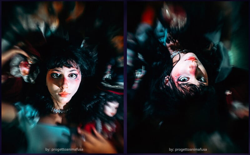 Two artistic portraits of a woman with dark hair and dramatic makeup, surrounded by blurred, colorful objects. Both images have a dreamy, surreal focus effect and are credited to “progettoanimafusa” at the bottom.