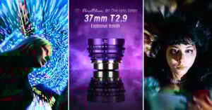 A promotional image for a 37mm T2.9 cine lens shows a lens in the center with “Explosive Bokeh” text. The left has a woman with lights in motion, and the right has a woman with bokeh lights in the background.