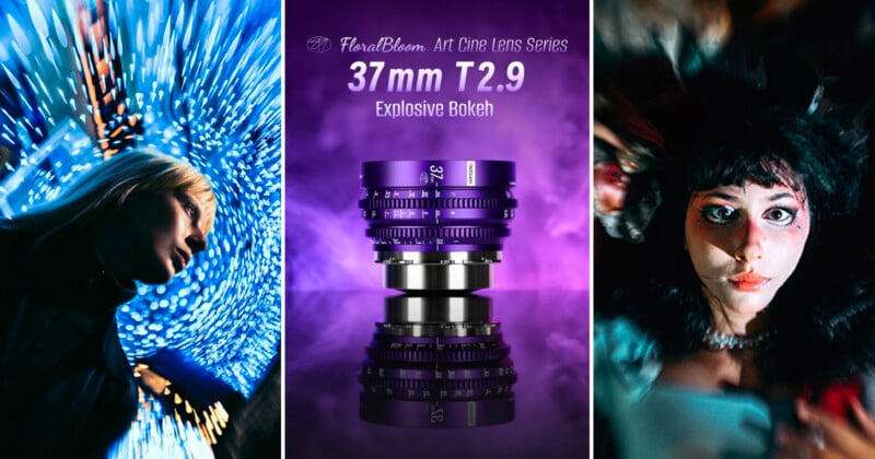 A promotional image for a 37mm T2.9 cine lens shows a lens in the center with “Explosive Bokeh” text. The left has a woman with lights in motion, and the right has a woman with bokeh lights in the background.