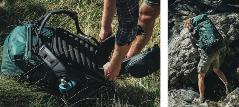 A person outdoors adjusts a green hiking backpack on grass in the left image, and in the right image, hikes uphill with the backpack on rocky terrain.