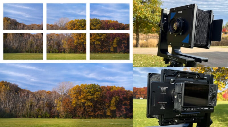 A collage showing a panoramic autumn forest: top left, nine separate photos; bottom left, a single wide panorama; right, close-ups of a large format camera from front and back angles outdoors.
