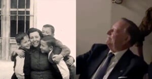 A split image: on the left, a black-and-white photo of a woman smiling as three young boys hug her; on the right, an older man in a suit smiles and looks to the side in a warmly lit room.