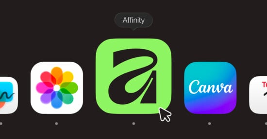 A digital dock shows three app icons: Apple Photos, Affinity (highlighted in green with a stylized "a"), and Canva. A cursor points at Affinity, and a label above reads "Affinity.