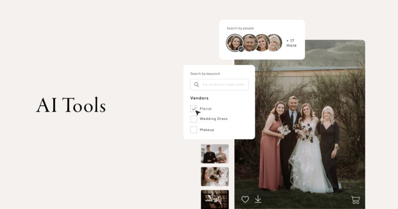 A wedding photo of five people outdoors is shown alongside UI elements for AI wedding planning tools, including search by people and vendors like florist, wedding dress, and makeup. Text reads "AI Tools" on a beige background.