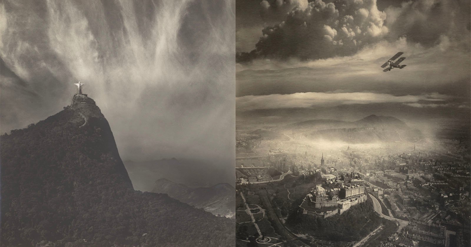 A black and white image split in two: on the left, the Christ the Redeemer statue atop Corcovado Mountain in Rio de Janeiro; on the right, a vintage airplane flies above a historic city with a large castle.