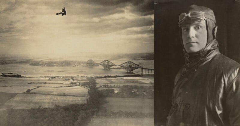 A vintage photo collage showing an aviator in flying gear and goggles on the right, and a biplane flying above a rural landscape with a river and a large bridge on the left.