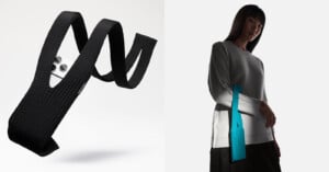 A phone is held by a black, textured strap floating in the air; next to it, a woman stands with a blue version of the strap hanging from her sleeve, holding a phone at her side.