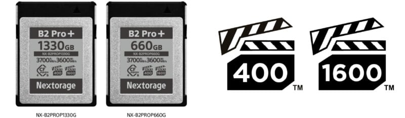 Dos tarjetas de memoria Nextorage B2 Pro+, una con la etiqueta 1330 GB y la otra con 660 GB, mostradas junto a dos íconos de claqueta "400" y "1600" escrito debajo de ellos.