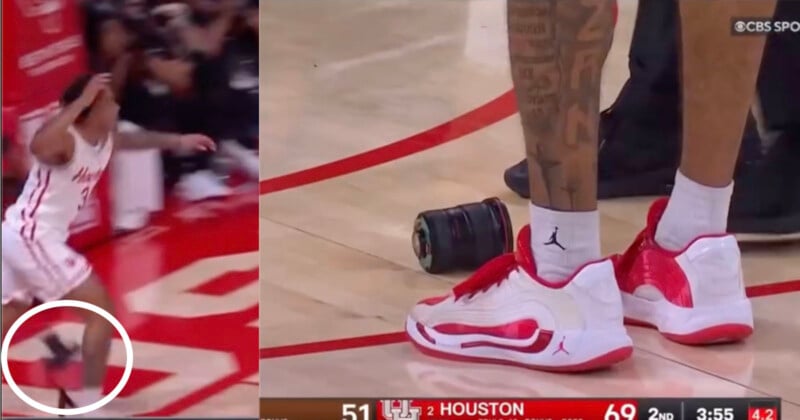 Un jugador de baloncesto se acerca a la cámara cerca del borde de la cancha; Un primer plano junto a la cámara muestra sus zapatillas rojas y blancas, y se ve parte de su pierna tatuada. El marcador mostraba a Houston liderando 69-51.