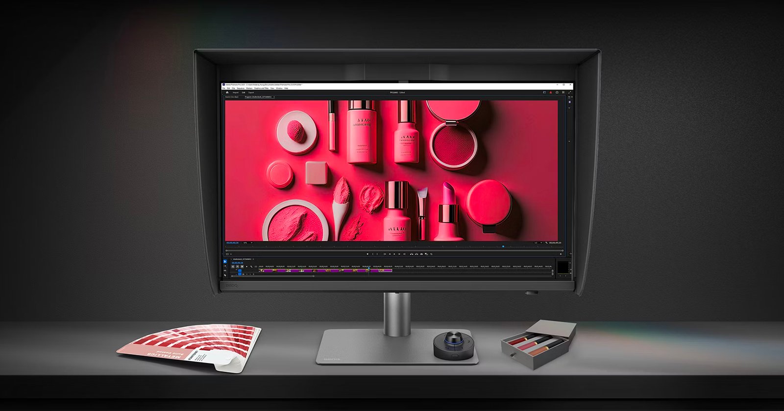 A computer monitor displays an image editing program with pink cosmetics on the screen. On the desk are a color palette, a wireless mouse and dial, and a small makeup case. The background is dark grey.