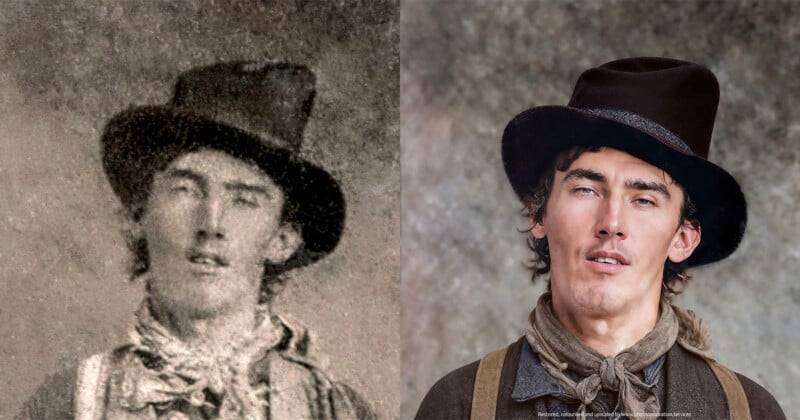 Una fotografía histórica en blanco y negro muestra a un hombre con sombrero y bufanda, junto a una reproducción moderna en color del mismo hombre, vistiendo ropa similar e imitando la pose y expresión originales.
