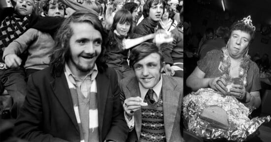 A black and white photo collage: on the left, cheerful football fans in a crowded stadium; on the right, a woman in a sparkly dress and tiara sits alone indoors, eating a sandwich wrapped in foil.