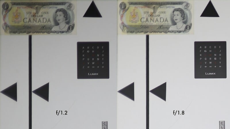 Una comparación lado a lado de dos tarjetas de prueba con un billete de un dólar canadiense y configuraciones de apertura de lente, etiquetadas f/1.2 a la izquierda y f/1.8 a la derecha, muestra la diferencia en nitidez y brillo de la imagen.