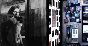 A black-and-white photo of a person pointing inside a phone booth appears on the left; on the right is a color photo of a payphone surrounded by small photographs and posters on the wall.
