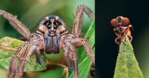 Close-up of a spider on the left clinging to a green leaf, showing its eyes and hairy legs, and a detailed view of an insect with large eyes perched on the tip of a leaf on the right.
