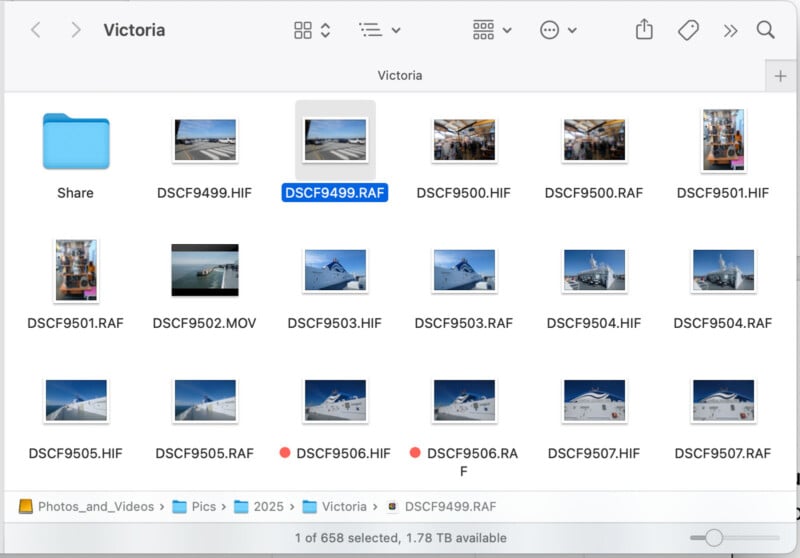 A computer screen shows a folder named "Victoria" with thumbnail images of a boat and the sea, file names like DSCF9499.RAF and DSCF9501.HIF, and 1.78 TB of storage available out of 2 TB.