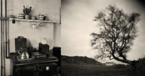 A split image shows a vintage kitchen scene with a kettle on a stove, mugs on hooks, and striped bowls, beside a blurred outdoor view of a tree and a distant white house in a field under a cloudy sky.