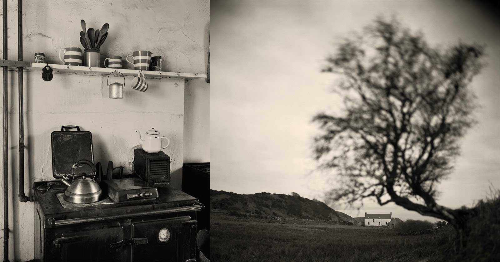 A split image shows a vintage kitchen scene with a kettle on a stove, mugs on hooks, and striped bowls, beside a blurred outdoor view of a tree and a distant white house in a field under a cloudy sky.