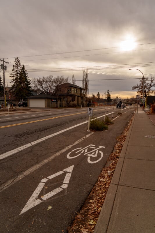 A bike lane runs along a quiet, empty street lined with houses and leafless trees under a cloudy, overcast sky with the sun shining through. Fallen leaves are scattered on the sidewalk and roadside.
