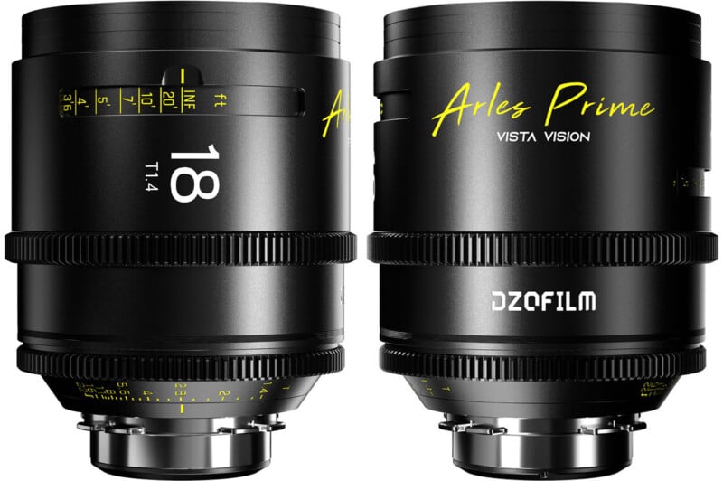 Two black camera lenses are shown side by side. The left lens displays "18 T1.4" in white and yellow markings, while the right lens reads "Arles Prime Vista Vision" and "DZOFILM" in white and yellow text.