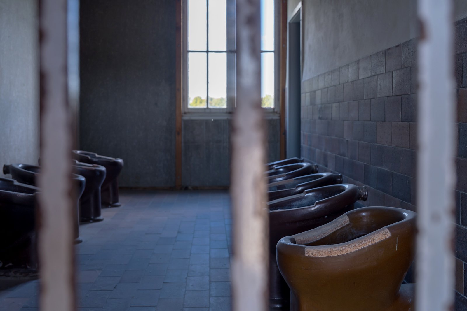 A row of old, worn toilets lines the wall of a dimly lit prison bathroom, seen through metal bars, with a window letting in light at the far end of the room.