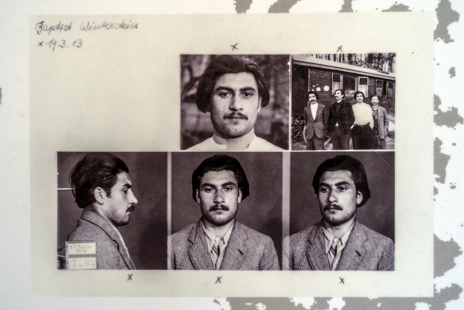 A collage of black-and-white photos showing a man from different angles, including front and side mugshots, a close-up of his face, and a group photo. Handwritten notes and a date appear at the top left.