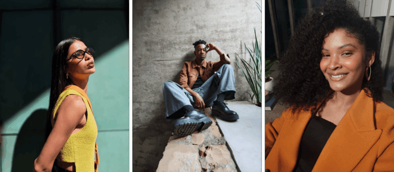 Tres jóvenes con estilo posan individualmente: una mujer con gafas y un top amarillo al aire libre, un hombre con una chaqueta marrón y vaqueros anchos sentado en el interior y una mujer sonriente con el pelo rizado y una chaqueta naranja.