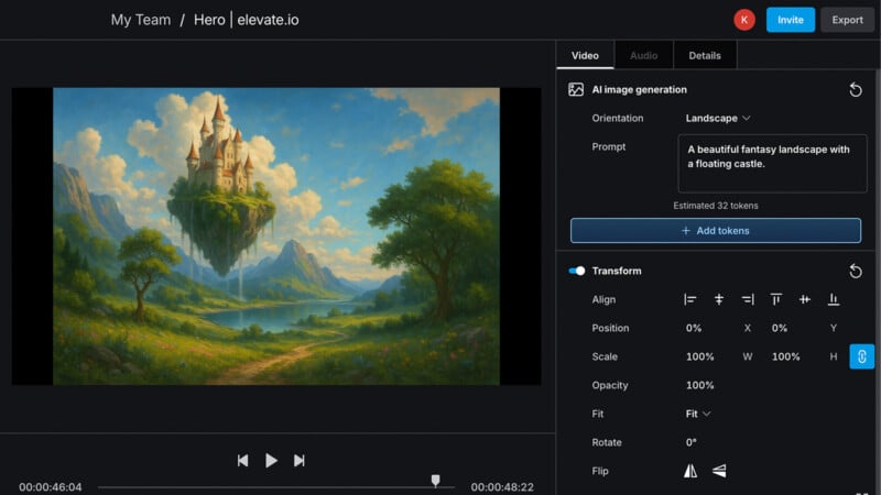 A user interface displays an AI image generation tool with a prompt for “A beautiful fantasy landscape with a floating castle.” The generated image shows a castle atop a floating island over a lush, green valley.