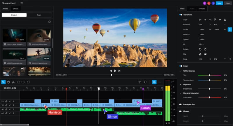 Video editing software interface showing a preview of hot air balloons over rocky terrain, with timeline tracks and colored labels for clips named Harrison, Simon, and Sarah. Editing tools and video adjustments are visible on the right.