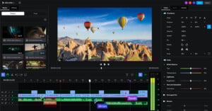 A video editing software interface shows a preview of hot air balloons over rocky hills, timeline with video and audio tracks, and labeled sections for Harrison, Simon, and Sarah. Editing tools and settings are visible on the right panel.