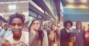 Three split-screen images show groups of smiling young people pointing at the camera. Overlaid text reads: “It's just a trend? No it’s bullying…” in each panel, highlighting a social commentary.