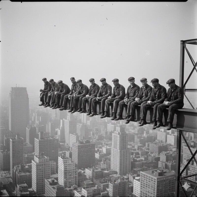 Trece trabajadores de la construcción almuerzan sentados uno al lado del otro sobre vigas de acero sobre el horizonte de la ciudad, con edificios altos y un cielo brumoso de fondo.