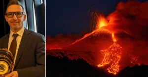 On the left, a man in a suit holds a golden award and smiles at the camera. On the right, a volcano erupts at night, with glowing lava flowing down its slopes and bright orange smoke filling the sky.