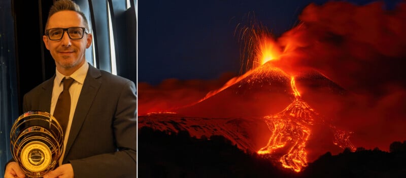 A la izquierda, un hombre de traje sostiene una medalla de oro y sonríe a la cámara. A la derecha, un volcán entra en erupción por la noche, enviando lava brillante que fluye por sus laderas y un humo anaranjado brillante que llena el cielo.