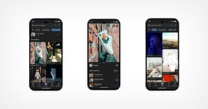 Three smartphones display an image search app with dark mode enabled, showing search results, a saved image of a cartoon bird peeling off a mural, and different image collections on their screens.
