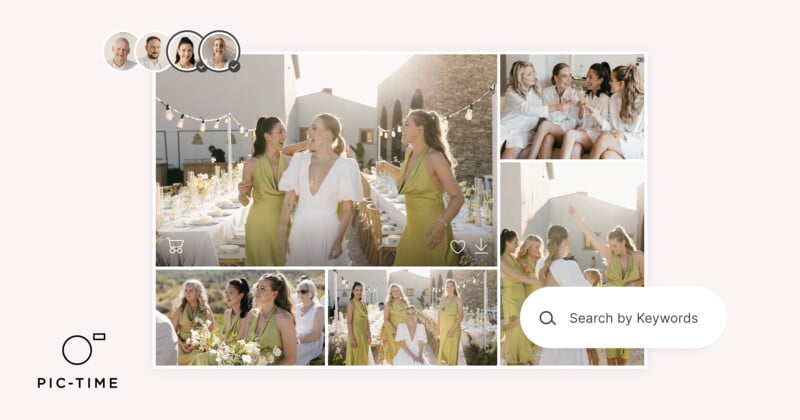 A wedding photo gallery interface displays images of women in white and yellow dresses outdoors, with a search bar and profile icons at the top. Tables with decorations and guests appear in the background.