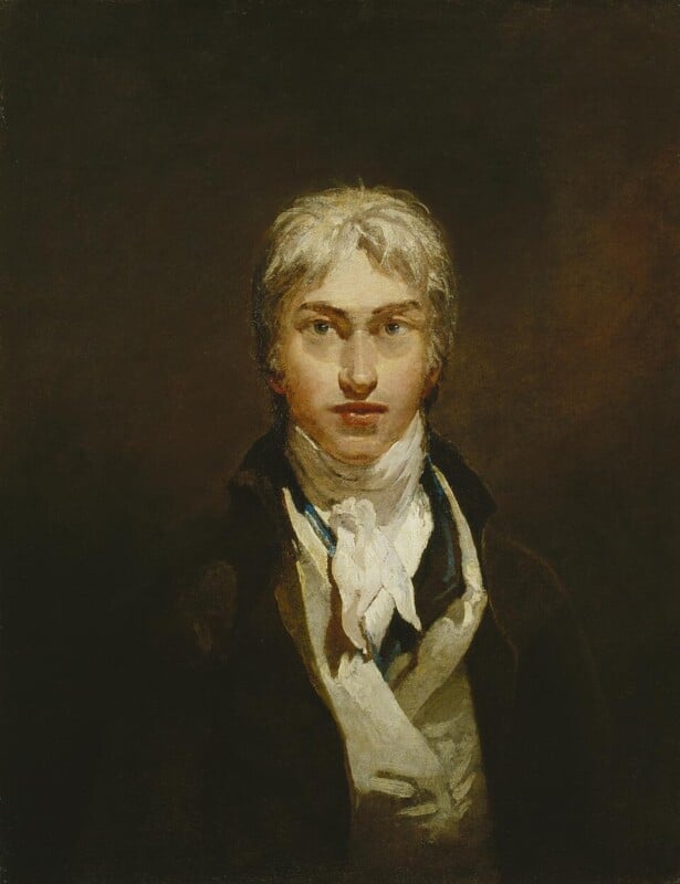 A young man with pale skin and white hair, wearing a dark coat, white shirt, and a white cravat, is depicted in a classical-style painted portrait with a dark, plain background.