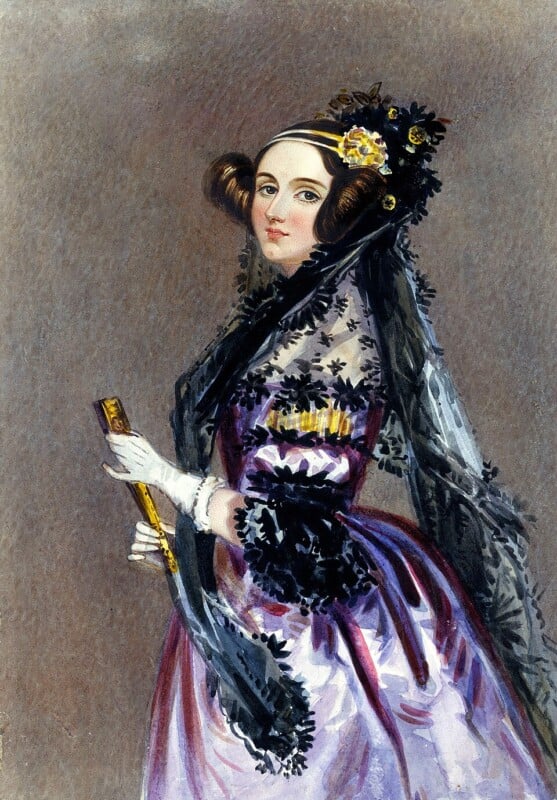 A painted portrait of a woman in a lavender dress with puffed sleeves, white gloves, and a floral headpiece. She holds a fan and wears a black lace shawl draped over her head and shoulders.
