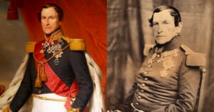A side-by-side comparison of a painted portrait and a sepia-toned photograph of the same military officer in decorated uniform with medals and shoulder epaulettes.